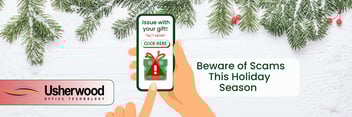 Hand clicking on phone that says issue with your gift click now fix as a scam would with greenary above it 