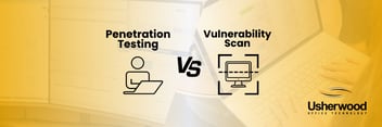 pen test vs vulnerability scan with a photo of a person on a computer and a computer scan on the right 