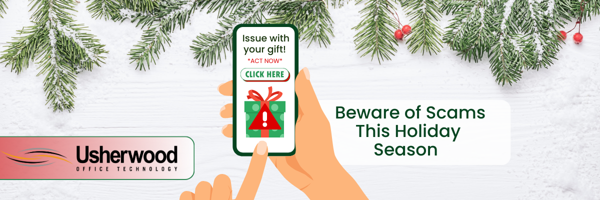 Hand clicking on phone that says issue with your gift click now fix as a scam would with greenary above it 