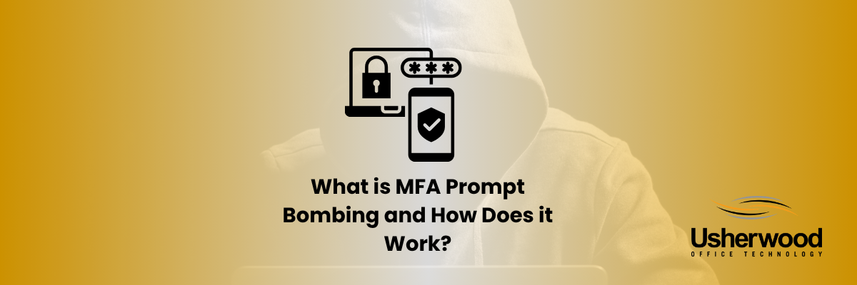 What is MFA Prompt Bombing and How Does it Work? with icon of comupter and phone icon on top of a picture of a hacker