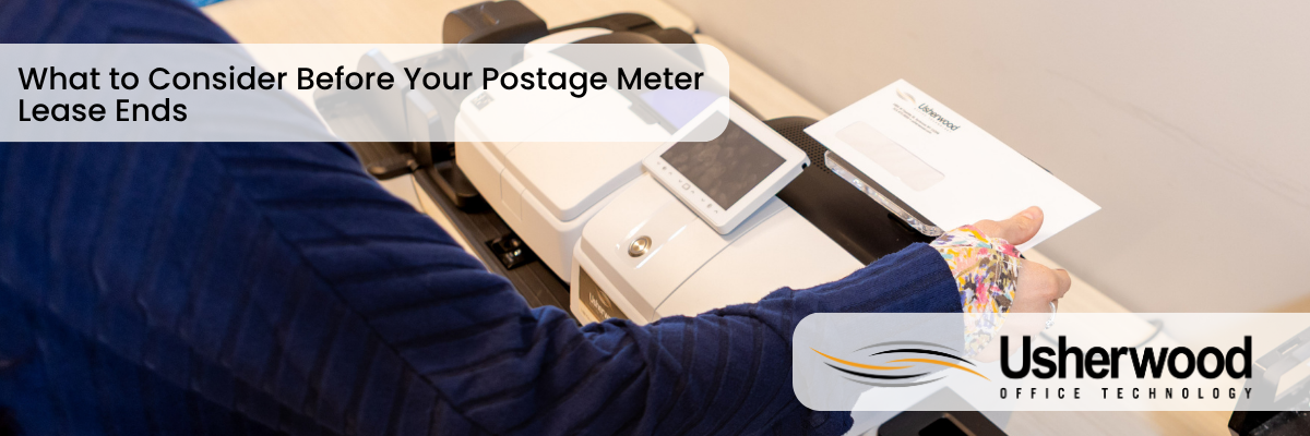 What to Consider Before Your Postage Meter Lease Ends with a photo of a postage meter with an envelope on the scale