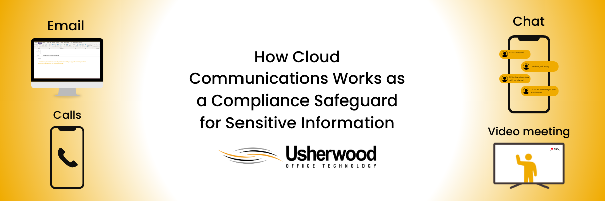 How Cloud Communications works as a Compliance Safeguard for Sensitive Information with pictures of email, call, video meeting, and chat on