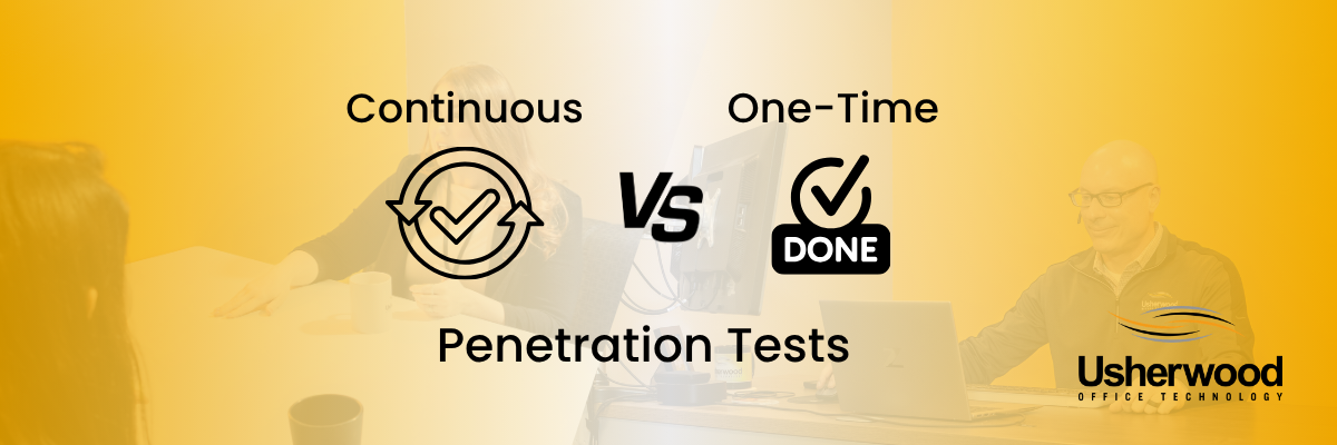 Continuous pentesting vs onetime pen testing. on the left side it says continuous with a check mark and rotating circle and on the right a check mark with the word done under it 
