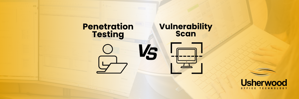pen test vs vulnerability scan with a photo of a person on a computer and a computer scan on the right 