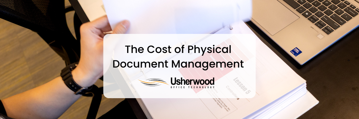 the cost of physical document management on top of a photo of a binder 